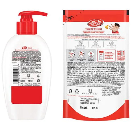 Lifebuoy Total 10 Liquid Handwash, 190 ml Pump + 175 ml Pouch Free