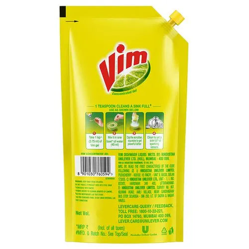 Vim Dishwash Liquid Gel - Lemon, 125 ml Pouch
