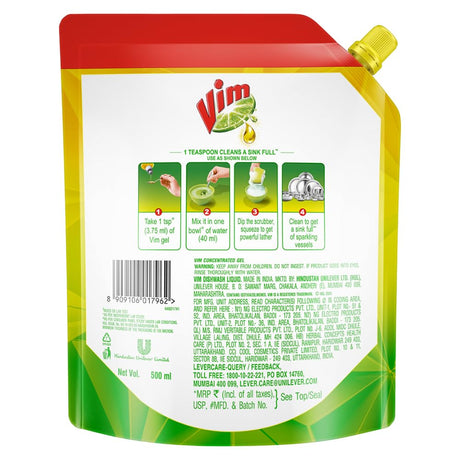 Vim Dishwash Liquid Gel, Manual, Lemon, 500 ml Spout Pouch
