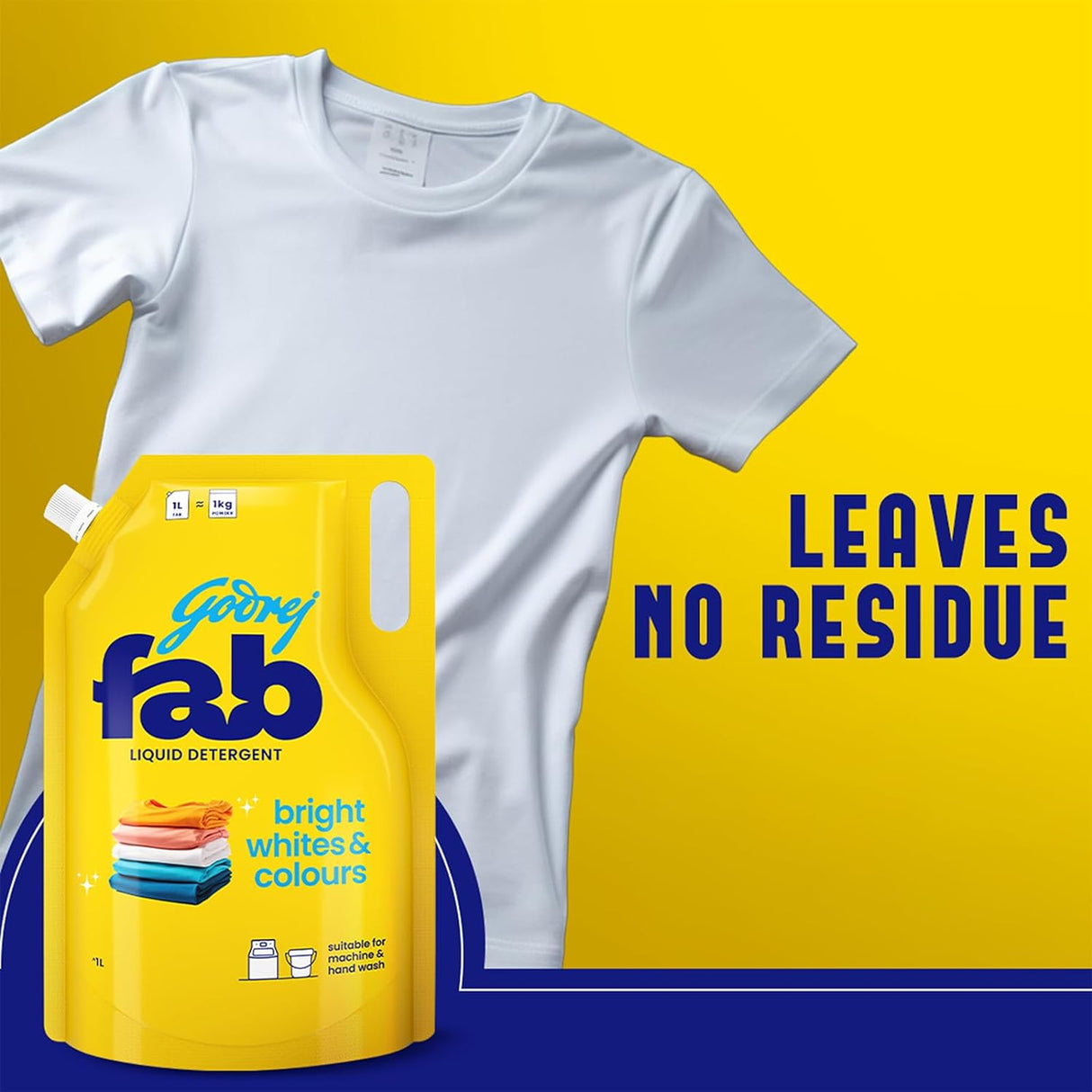 Godrej Fab Liquid Detergent Refill Pouch for Machine & Hand Wash - 1L