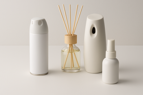 air freshner collection in circle shape . it should have aerosol spray, reed diffuser, aur dispenser, bathroom freshner with sober minimalist background