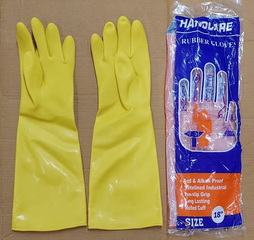 Handcare Long Washable Heavy-Duty Reusable Latex Rubber Cleaning Hand Gloves , Yellow, Large - 1 Pair)
