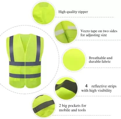 High Visibility Reflective Safety Zipper Polyester Fabric Jacket with 2 Pockets (2" Grey Reflector)