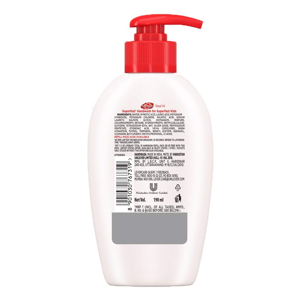 Lifebuoy Total 10 Liquid Handwash, 190 ml Pump + 175 ml Pouch Free