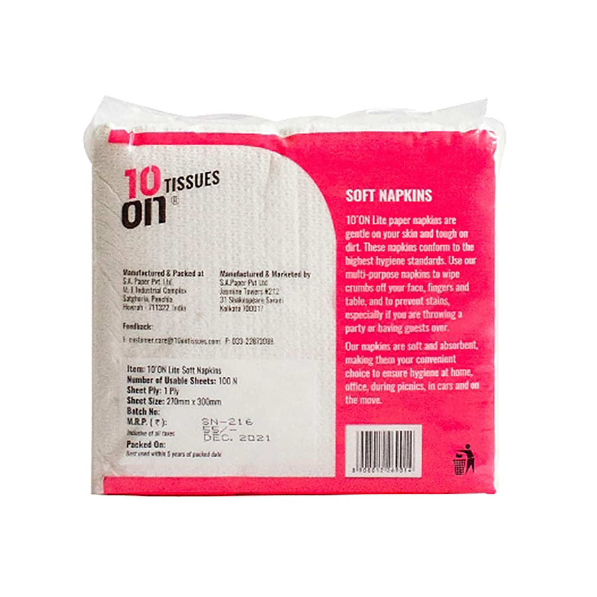 10on Lite Serviette Soft Napkin, 1 Ply x 100 Pull, 27x30 cm - White