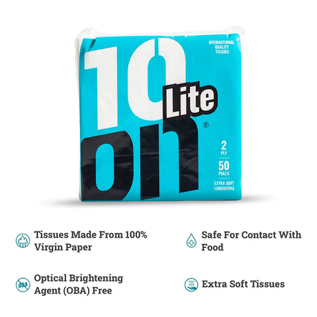 10on Lite Luncheon Tissue Soft Paper Napkins - 32x32 cm , 2 Ply x 50 Pull, White