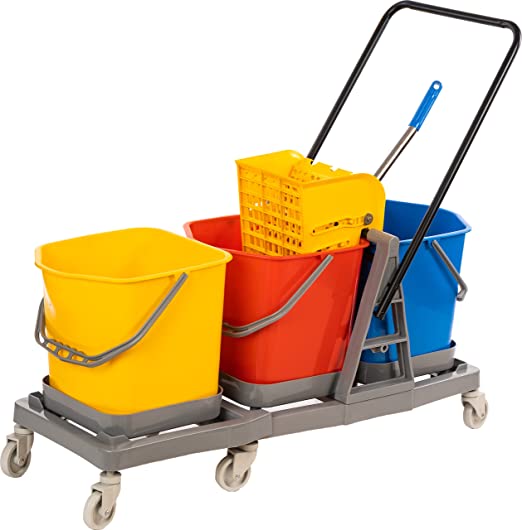 Premium Virgin Hygiene Three Bucket Mop Wringer Trolley, 60 Ltrs. ( 3 Bucket of 20 Ltrs & 1 Down Press Wringer )