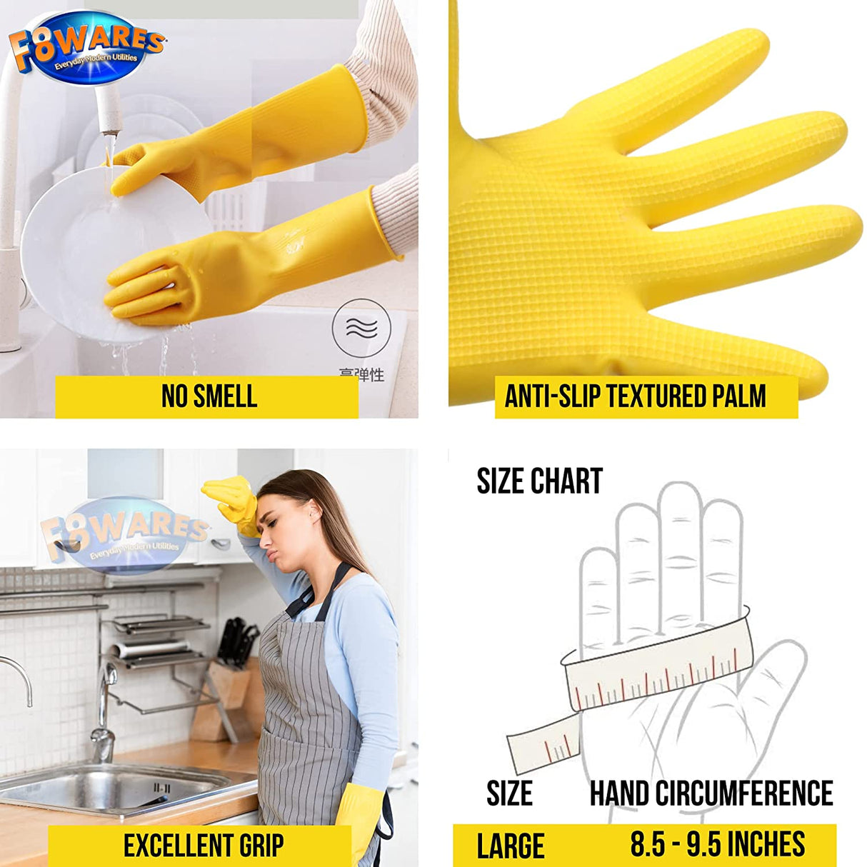 Handcare Long Washable Heavy-Duty Reusable Latex Rubber Cleaning Hand Gloves , Yellow, Large - 1 Pair)