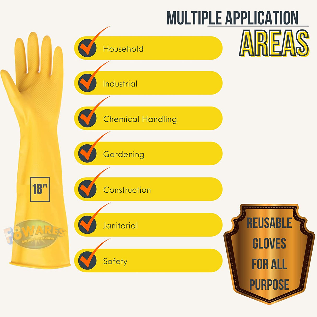 Handcare Long Washable Heavy-Duty Reusable Latex Rubber Cleaning Hand Gloves , Yellow, Large - 1 Pair)