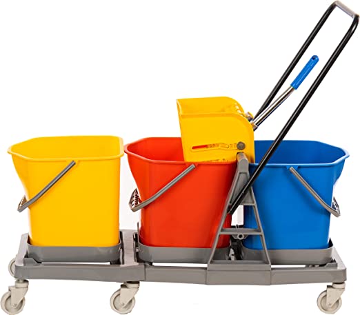 Premium Virgin Hygiene Three Bucket Mop Wringer Trolley, 60 Ltrs. ( 3 Bucket of 20 Ltrs & 1 Down Press Wringer )