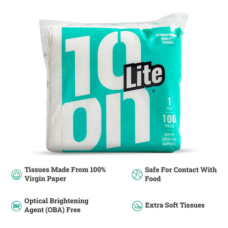 10on Lite Serviette Extra Soft Cocktail Napkin , 1 Ply, 100 Pull, 22x22 cm, White
