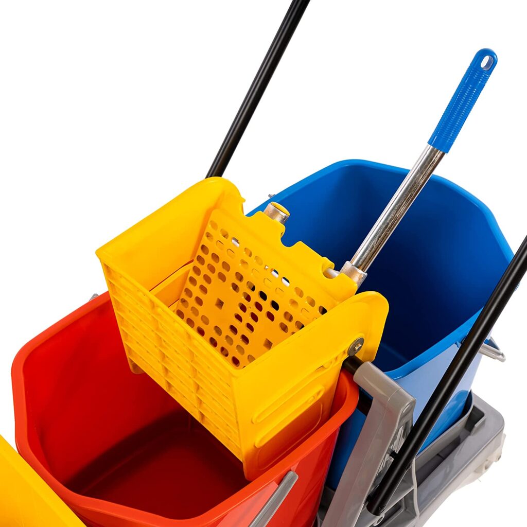 Premium Virgin Hygiene Three Bucket Mop Wringer Trolley, 60 Ltrs. ( 3 Bucket of 20 Ltrs & 1 Down Press Wringer )