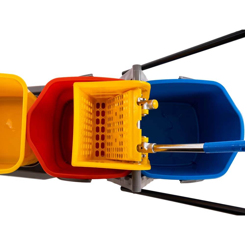 Premium Virgin Hygiene Three Bucket Mop Wringer Trolley, 60 Ltrs. ( 3 Bucket of 20 Ltrs & 1 Down Press Wringer )