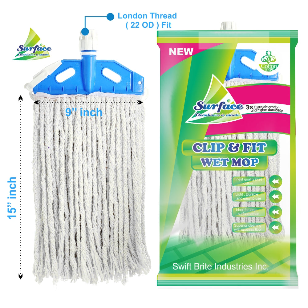 Best Mop , 9" Clip & Fit Wet Mop with 300g Cotton Refill