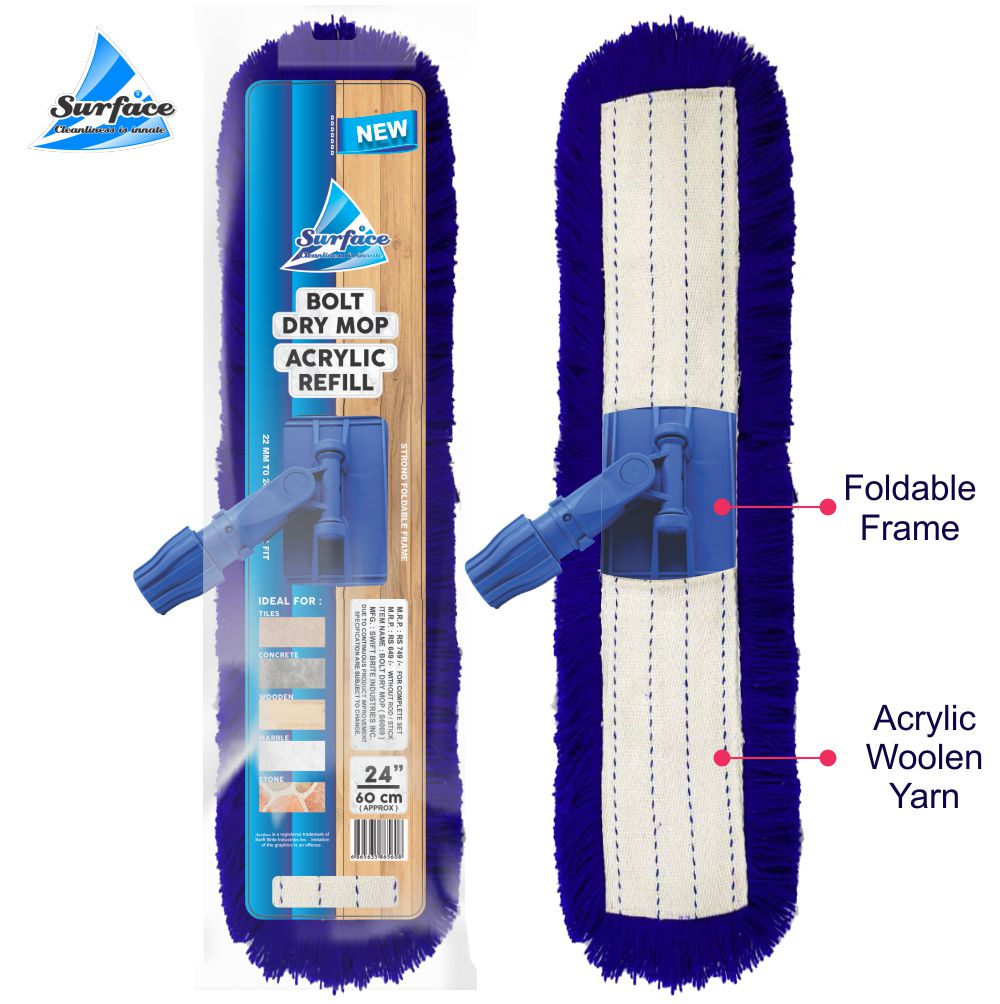 Bolt Dry Mop With Premium Acrylic Refill + Foldable Plastic Frame, 24" ( 60cm )